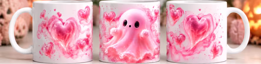 Tres vistas de una taza blanca con un fantasma rosa y corazones en acuarela