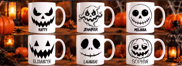 Seis referencias de tazas blancas con caras de calabazas y calaveras negras y nombres