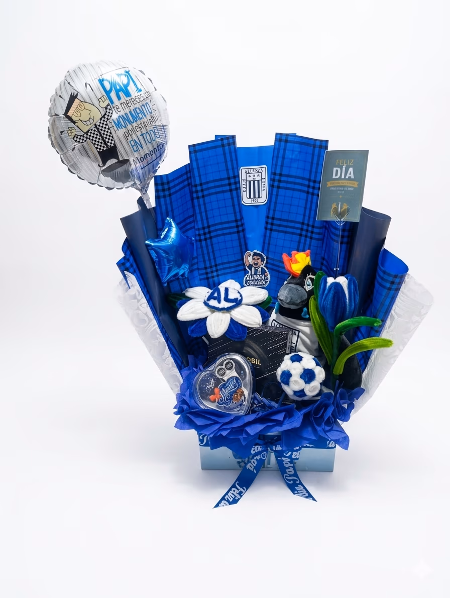 Pack azul personalizado para Dia del Padre con detalles de futbol en Lima