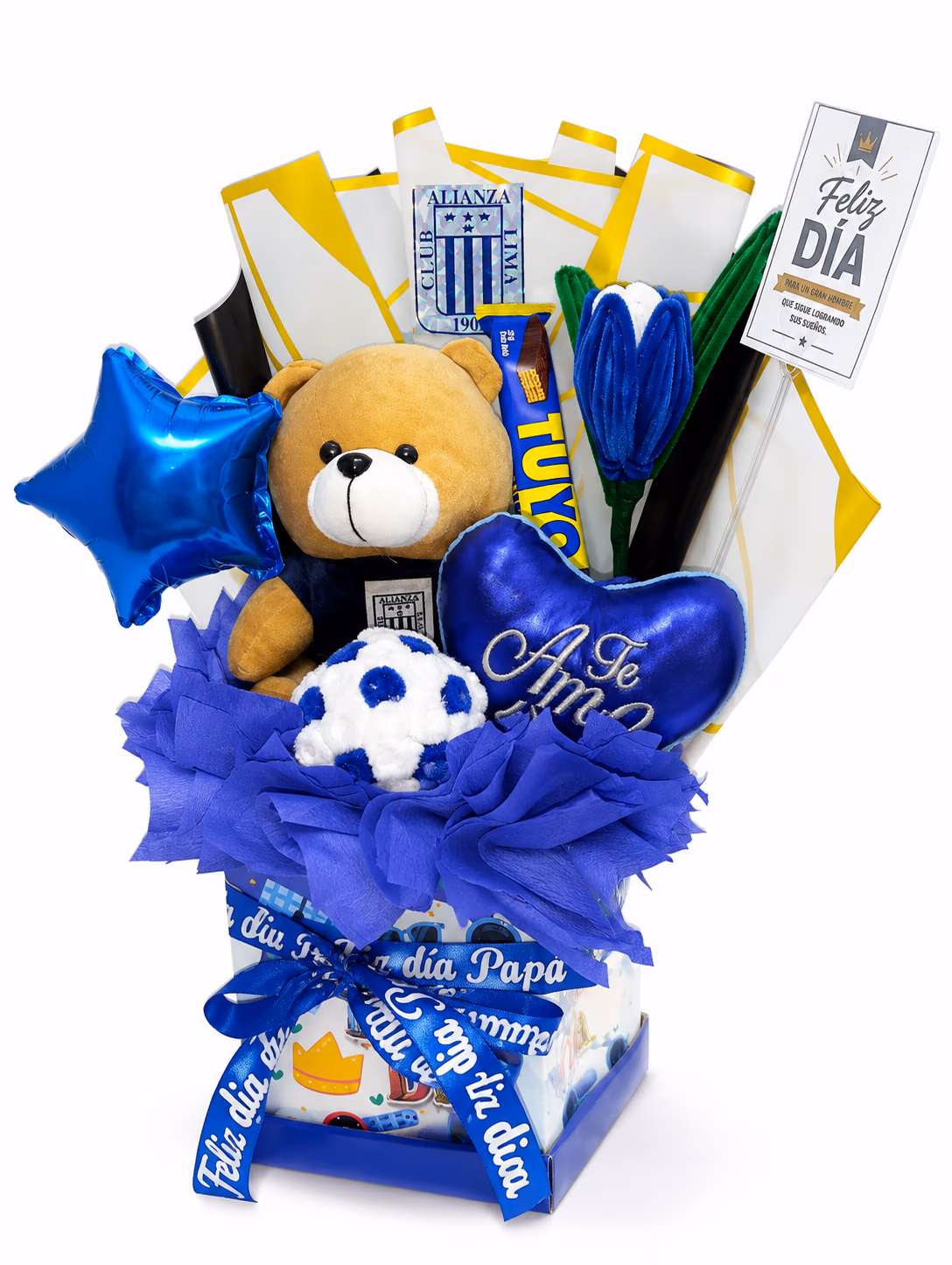 Pack azul para Dia del Padre con peluche futbolero y flores personalizadas en Lima