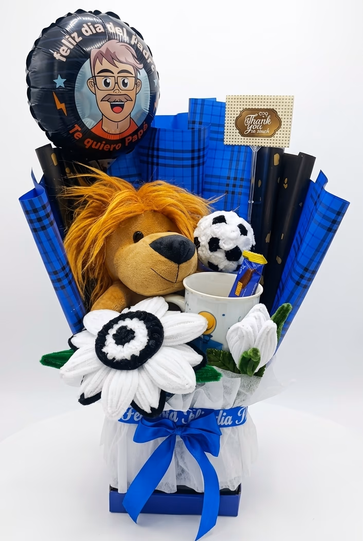 Pack futbolero azul y negro con peluche de leon para regalo personalizado en Lima