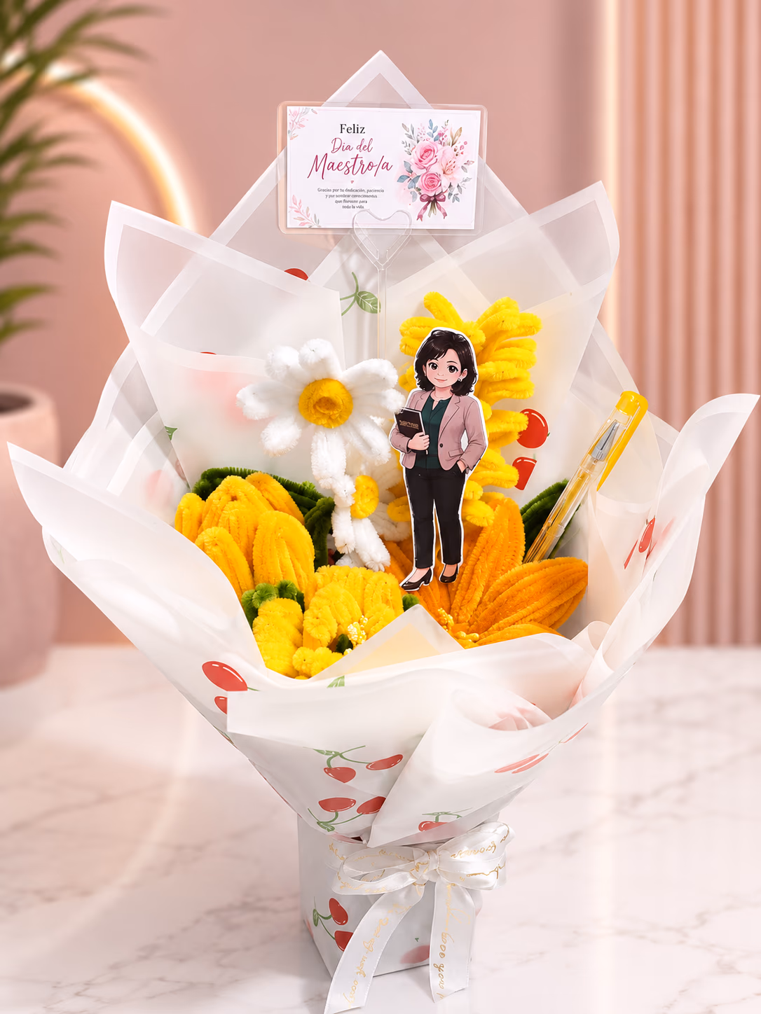 Ramo de flores amarillas y blancas personalizado para regalo en Lima