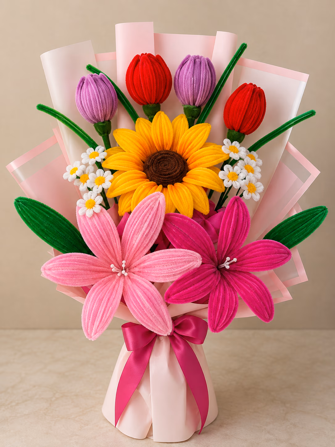 Ramo de flores lila, rosa y girasol para regalo colorido en Lima