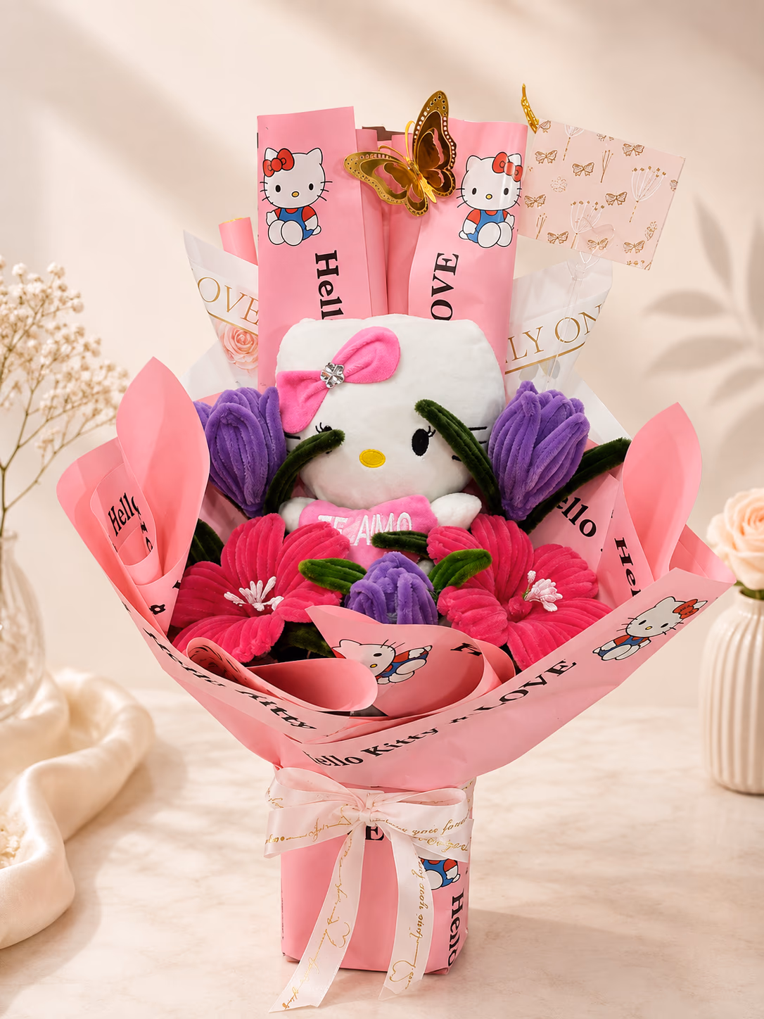 Ramo rosado con peluche de gatita para cumpleanos en Lima