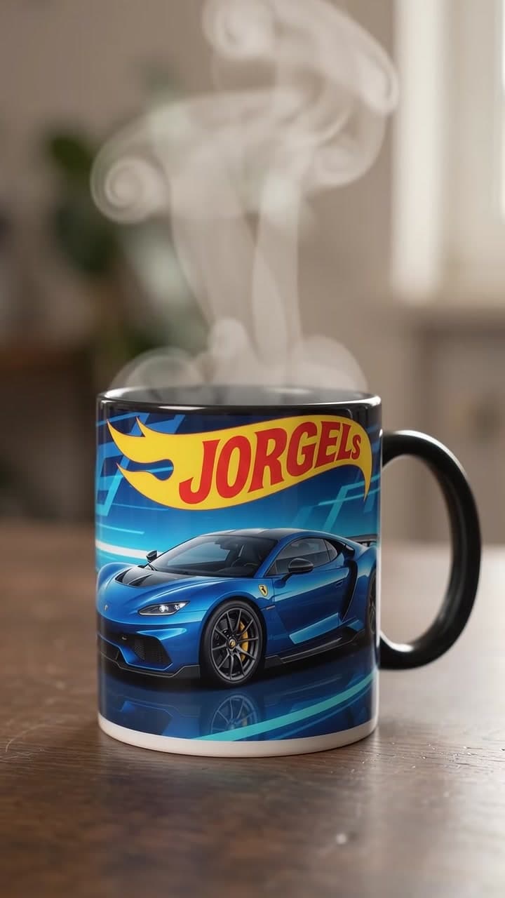 Taza mágica con un carro azul y nombre personalizado, después de añadir agua caliente